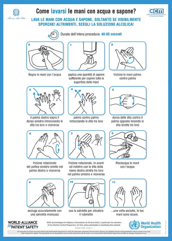 Opuscolo del Ministero della Salute inerente la corretta modalità di lavaggio mani.